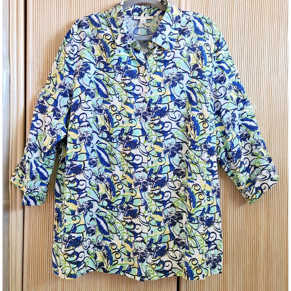 JM Collection Women's Blouse Size 18W Linen Button-Up 3/4 Sleeve Floral EUC